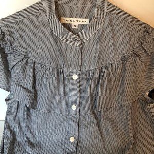 Trina Turk Blue Tick-Striped Ruffle Cap Sleeve Collarless Bib Blouse